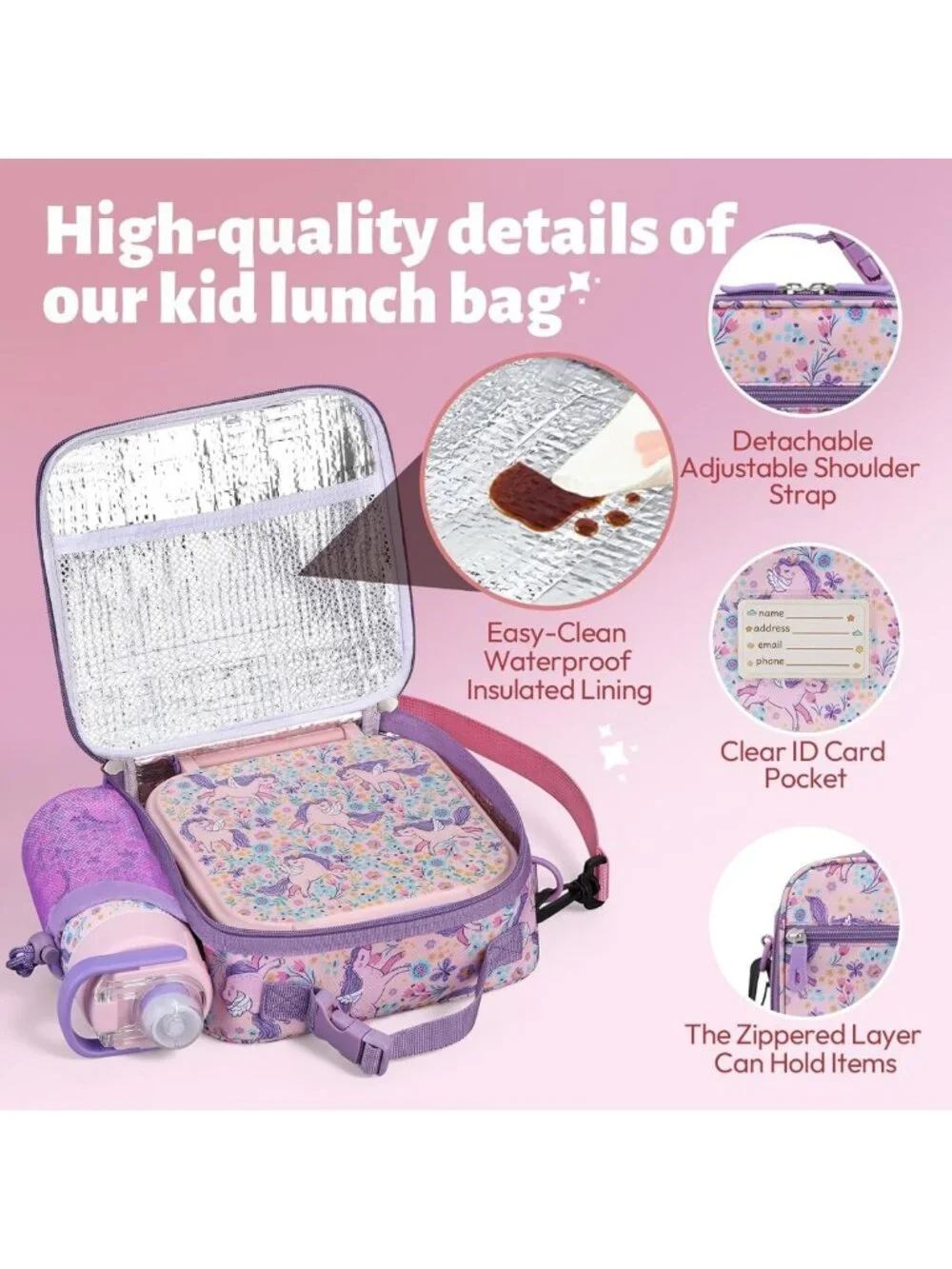Insulated Kids Bento Lunch Box Set with Thermos, Water Bottle & Utensils - Pink